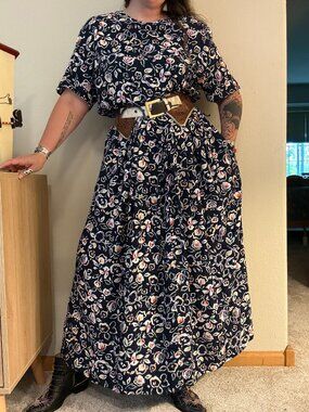 Vintage 90s Talbots Dark Floral Midi Modest Dress L/XL